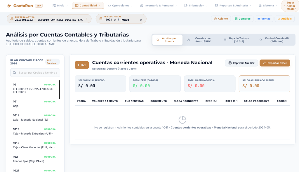 Análisis por Cuentas Contables y Tributarias en ContaRun